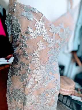 Badgley Mischka Silver Sequin Lace Midi Dress on Nude Lining